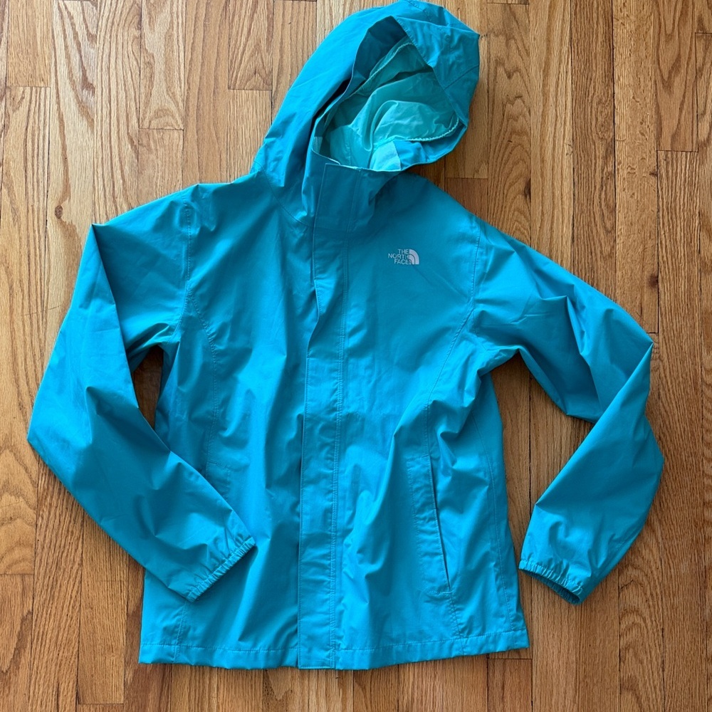 The North Face sz XL or 18 Turquoise Hooded Rain Jacket great condition